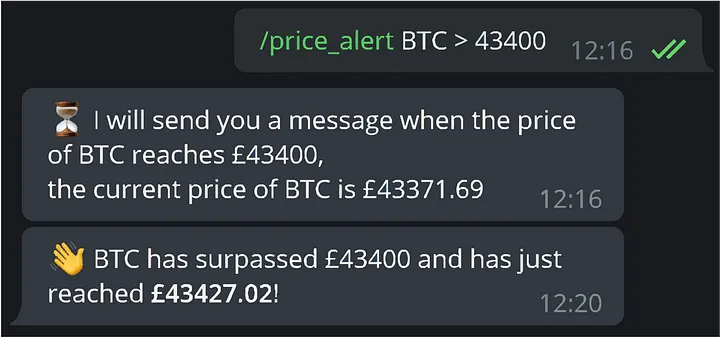 An example message which is received once the price of Bitcoin surpasses the target price