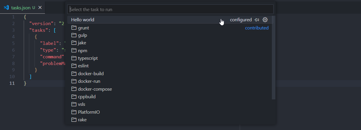 An image showing the task selector after pressing F6 in VSCode